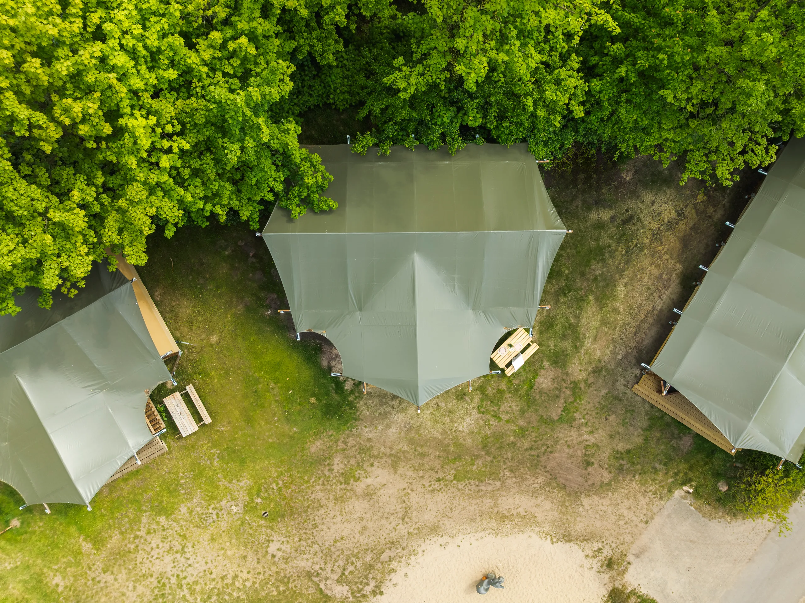 Luxury Safari Lodge: vista cenital de tres tiendas entre los árboles