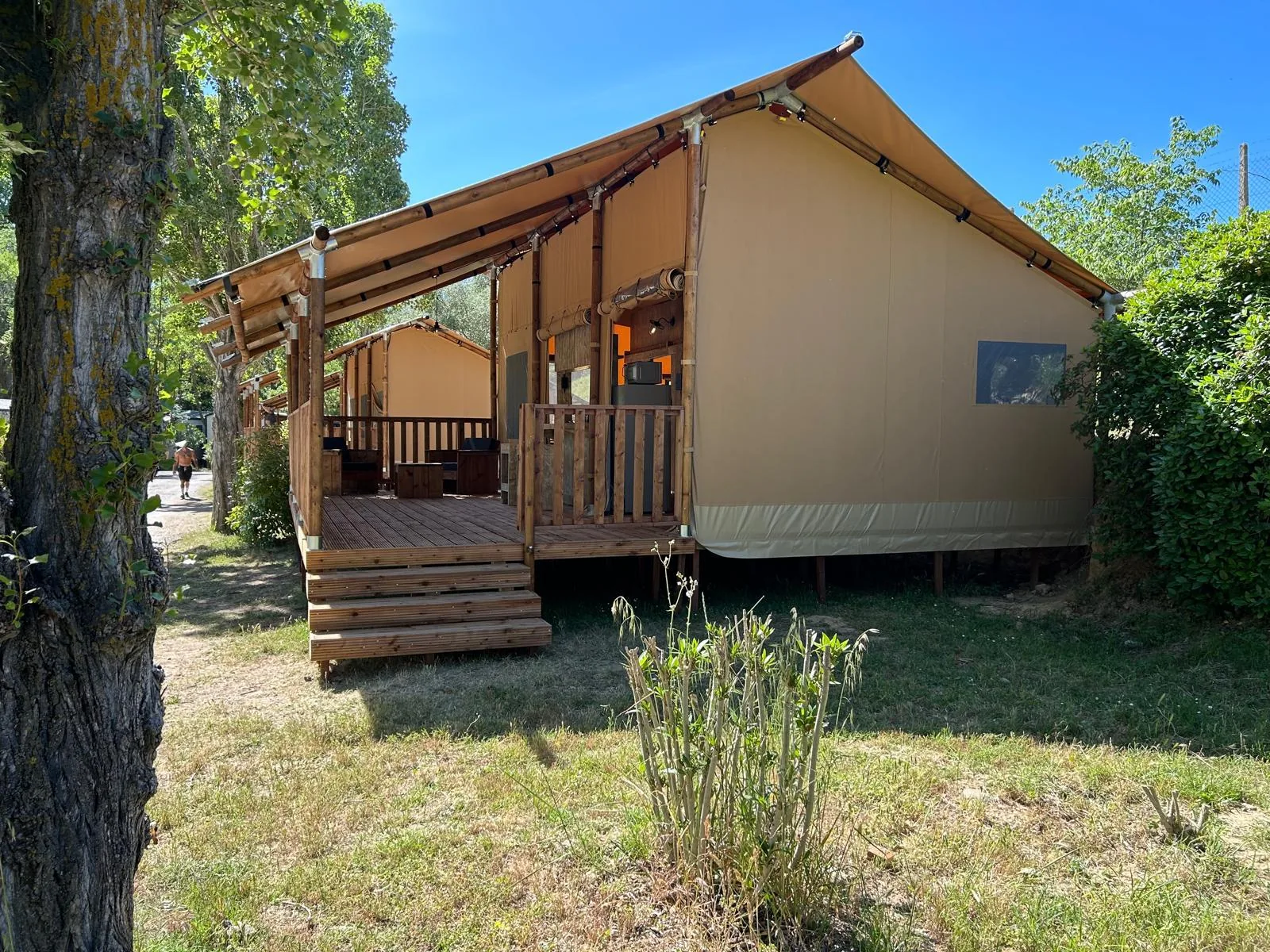 Glamping Lodge 35: la tienda sobre plataforma elevada con escalera, entre árboles